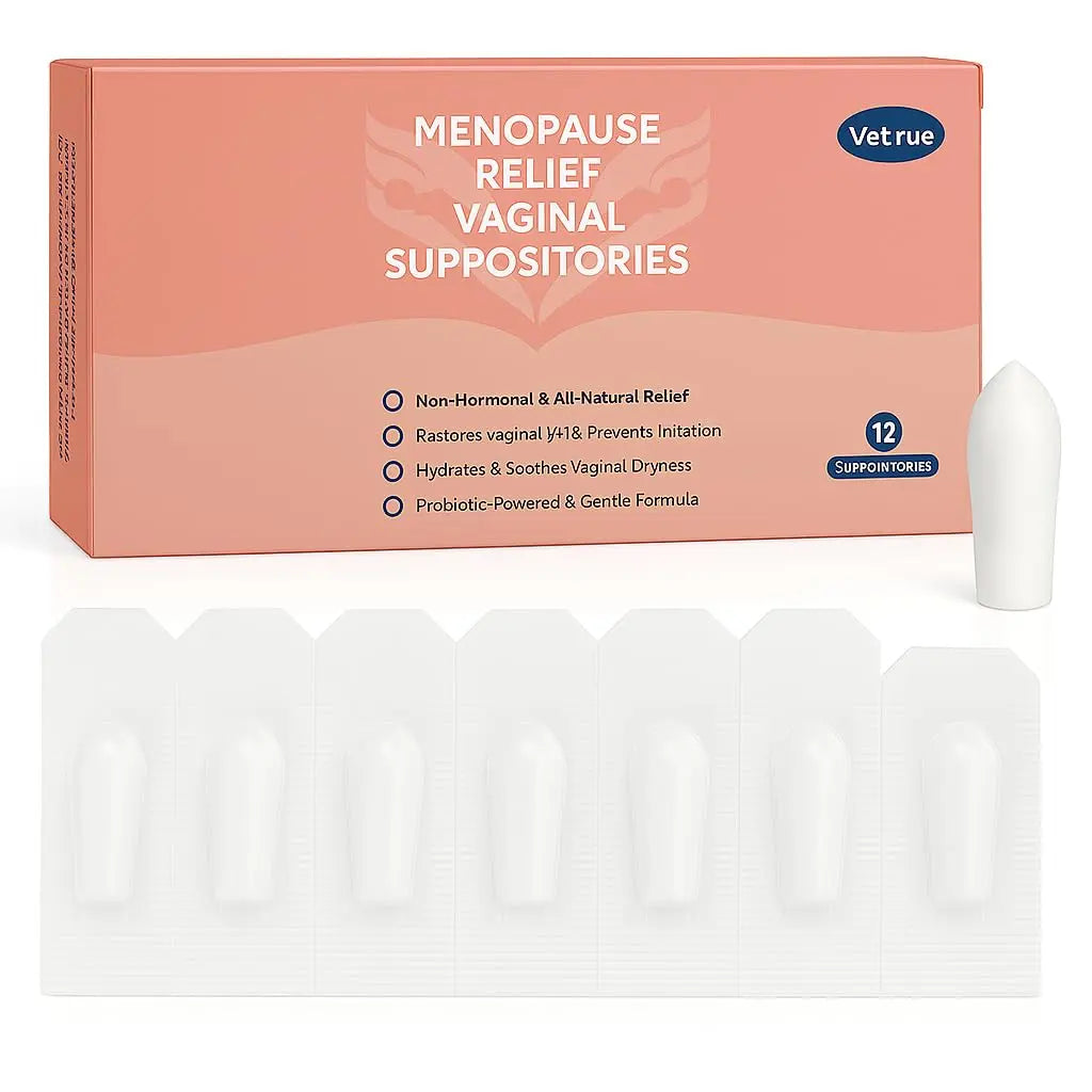 Vetrue Menopause Relief Vaginal Suppositories, Non-Hormonal, All-Natural Formula with Boric Acid, Hyaluronic Acid, Probiotics, Coconut Oil & Vitamin E, Soothes Vaginal Dryness & Discomfort(12 Inserts) vetrue Au supplements