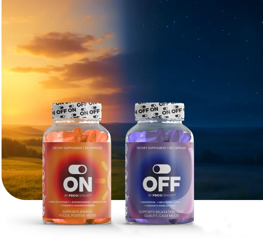 PSICÓESPACIO ON & Off Day & Night Supplement Bundle – Natural Energy with Ashwagandha + Sleep Aid with Melatonin & L-Theanine for Adults, Focus, Relaxation & Mood Support, 60 Count Each OFF BY PSICOESPACIO Au supplements