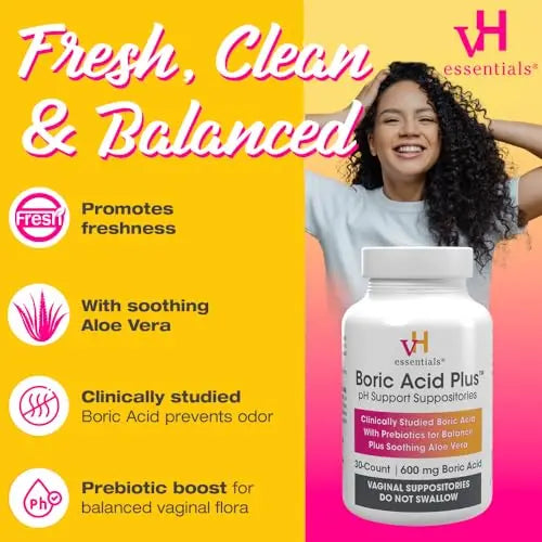 vH essentials Boric Acid Plus Vaginal Suppositories, Prebiotic Infused with Soothing Aloe Vera, pH vH essentials Au supplements