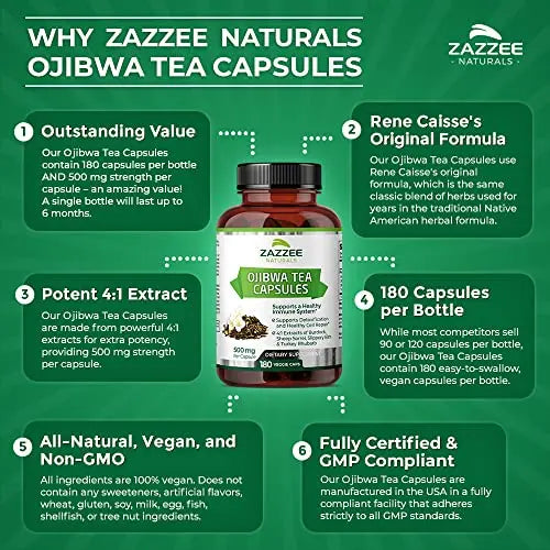 Zazzee Extra Strength Ojibwa Tea 500 mg, 180 Vegan Capsules, Rene Caisse's Original Zazzee Au supplements