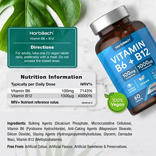 Vitamin B6 and B12 Tablets High Strength | 60 Count | with 100mg of Vitamin B6 Horbäach Au supplements