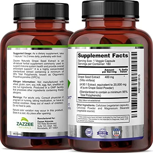 Zazzee High Strength Grape Seed 50:1 Extract, 20,000 mg Strength, 180 Vegan Capsules Zazzee Au supplements
