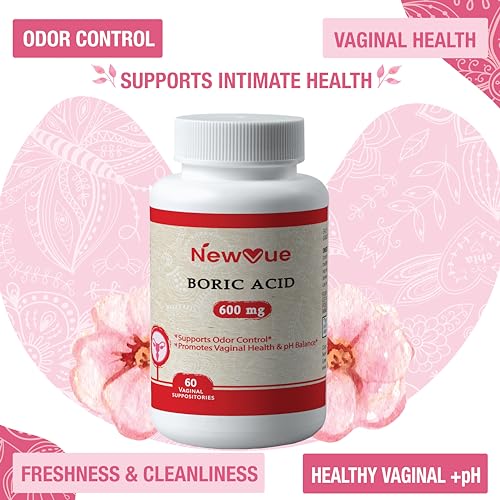 NewVue Boric Acid Vaginal Suppositories (600mg, 60 Count) Supports Vaginal pH Balance, Odor Control (USP Medical Grade Fine Powder, Easy Dissolve, Third Party Tested, Made in USA) NewVue Au supplements