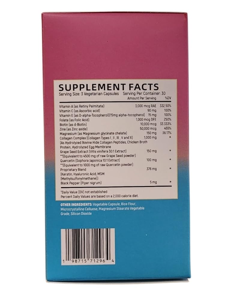 Collagen Peptides Types I, II, III, V & X, 64000 MCG, 14 in 1, Biotin, Keratin, Hyaluronic Acid, Magnesium, MSM, Grape Seed, Vitamin A C & E, Black Pepper, Quercetin, Folate, Zinc (90 Veggie Caps) Main Products Au supplements