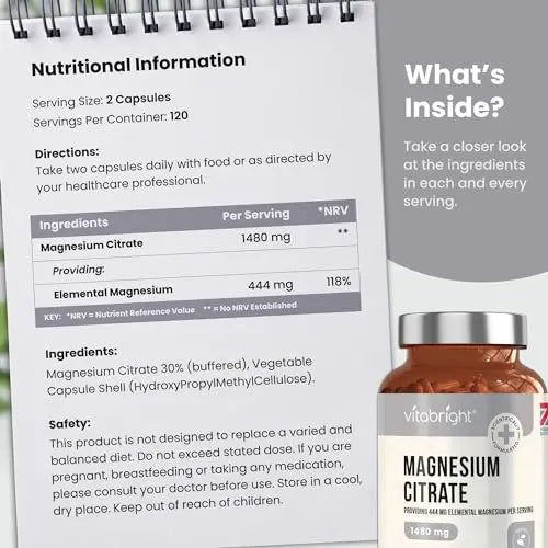 Magnesium Citrate - 1480mg High Strength - 240 Capsules (4 Month Supply) - Vegan VitaBright Au supplements
