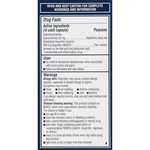 Advil PM Liqui-Gels Pain Reliever and Nighttime Sleep Aid, Pain Medicine with Ibuprofen for Pain Relief and Diphenhydramine HCL for a Sleep Aid - 40 Liquid Filled Capsules - Back to College Advil Au supplements
