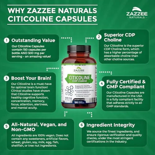 Zazzee Extra Strength Citicoline CDP Choline, 500 mg per Serving, 100 Vegan Capsules Zazzee Au supplements