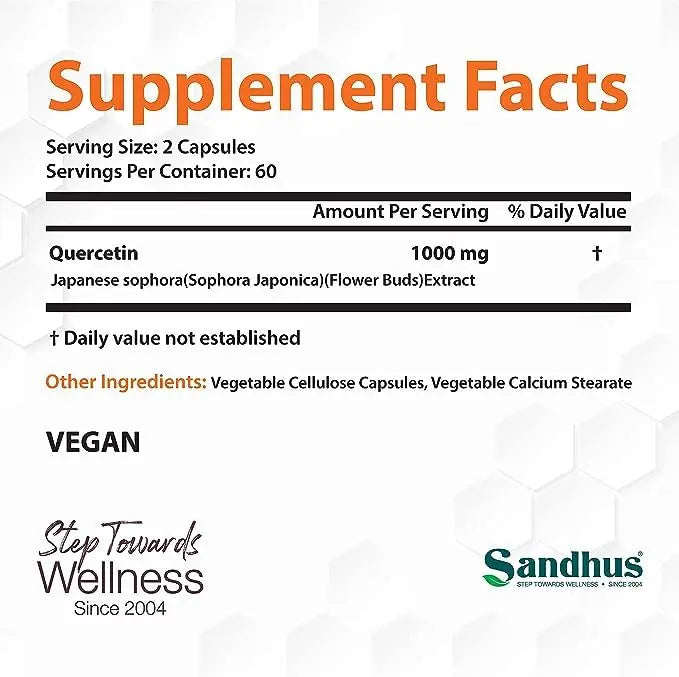Sandhu's Quercetin 1000mg Per Serving 120 Count(Pack of 2) Vegetarian Capsules Sandhu's Au supplements