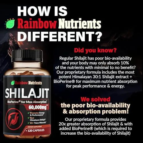 Pure Himalayan Shilajit Capsules Supplement (60,000mg+ Absorption Enhancer+50% Rainbow Nutrients, LLC Au supplements