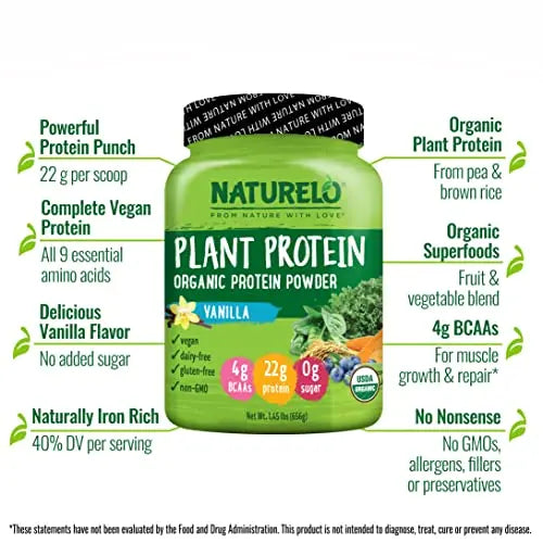 NATURELO Plant Protein Powder, Vanilla, 22g Protein - Non-GMO, 20 Ser NATURELO Au supplements