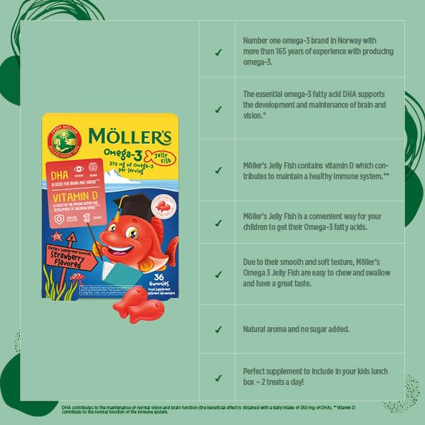 MÖLLER'S Omega 3 Capsules, Natural Fish Oil Omega3 for Kids with DHA and EPA, No Gluten, Lactose or Added Sugar & Easy to Chew, Strawberry Flavor, 36 Capsules MÖLLER'S Au supplements