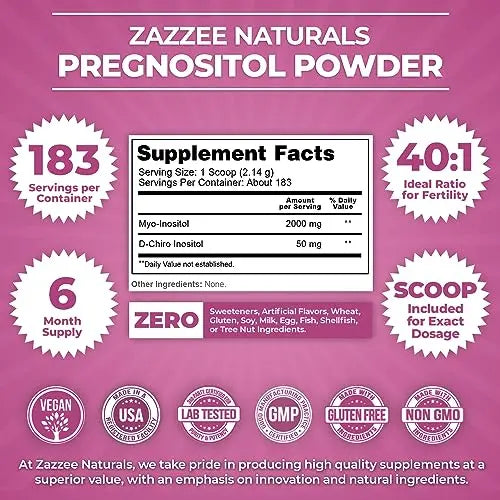 Zazzee PREGNOSITOL Powder, 183 Servings, 6 Month Supply, Premium Myo-Inositol Zazzee Au supplements