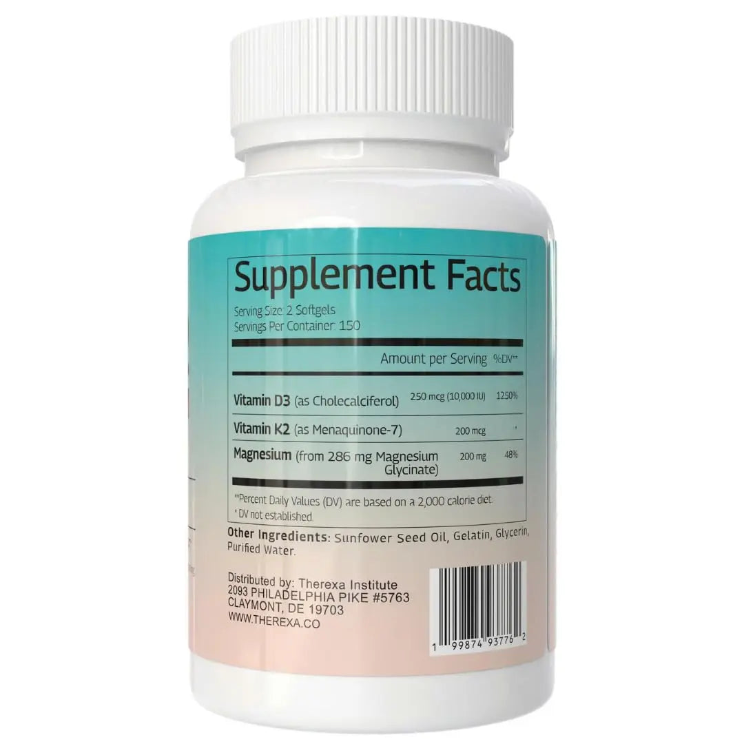 THEREXA Vitamin D3 K2 Magnesium Supplement - Extra Strength with 10000 IU Vitamin D3, Magnesium Glycinate and 200 mcg K2 MK-7 Vitamin Supplements Complex, for Women & Men - 300 Softgels THEREXA Au supplements