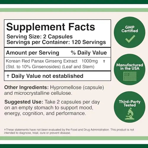 Ginseng Capsules (Korean Red Ginseng Extract, Panax Ginseng 10% Ginsenosides) Double Wood Supplements Au supplements