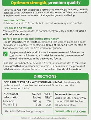 Vitabiotics Ultra Folic Acid Tablets 400 mcg Vitamin B9 with Vitamin B12-60 Tablets Vitabiotics Ultra Au supplements