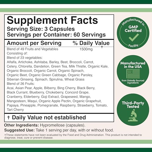 Fruits and Veggies Supplement (Daily Blend of 49 Different Fruits and Vegetables, 23 Veggies and 29 Fruits) 1,500mg Servings, 180 Capsules (No Fillers, Vegan Safe, Non-GMO) by Double Wood Double Wood Supplements Au supplements