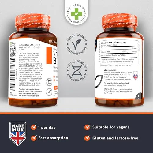 Vitamin B12 1000mcg - 365 High Strength Vegan Tablets (1 Year Supply) - Max Strength Nutravita Au supplements