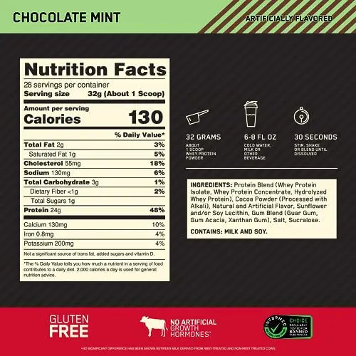 Optimum Nutrition Gold Standard 100% Whey Protein Powder, Chocolate Mint, 2 Pound Optimum Nutrition Au supplements