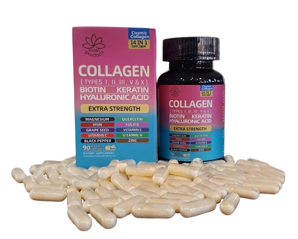 Collagen Peptides Types I, II, III, V & X, 64000 MCG, 14 in 1, Biotin, Keratin, Hyaluronic Acid, Magnesium, MSM, Grape Seed, Vitamin A C & E, Black Pepper, Quercetin, Folate, Zinc (90 Veggie Caps) Main Products Au supplements