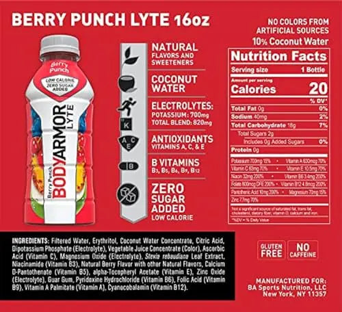 BODYARMOR LYTE Sports Drink Low-Calorie Sports Beverage, Berry Punch, Coconut BODYARMOR Au supplements