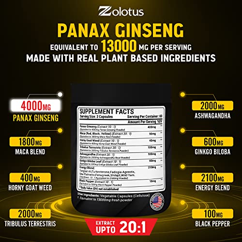 Premium Panax Ginseng 14 in 1, 13X Potency, High Strength Capsules with Horny Goat Weed Zolotus Au supplements