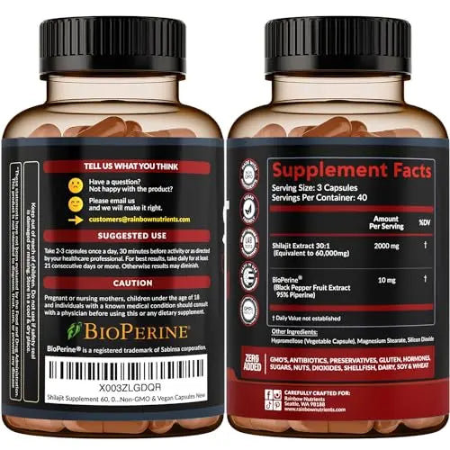 Pure Himalayan Shilajit Capsules Supplement (60,000mg+ Absorption Enhancer+50% Rainbow Nutrients, LLC Au supplements
