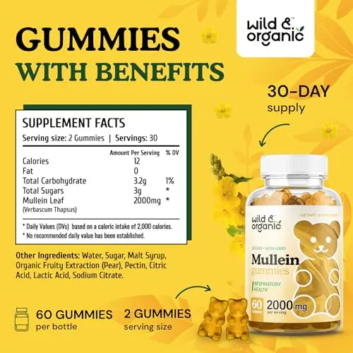 Wild & Organic Mullein Gummies - Daily Dietary Supplement for Respiratory, Digestive Wild & Organic Au supplements