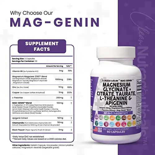 Magnesium Glycinate Complex 1000mg with L-Theanine 200mg Apigenin 50mg Citrate Taurate Supplement - 5-HTP GABA Passion Flower Lemon Balm L-Glycine Phosphatidylserine Ashwagandha - USA Made Clean Nutra Clean Nutraceuticals Au supplements