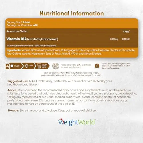 Vitamin B12 Tablets High Strength – 1000mcg Vegan B12 Supplement – 450 Pure Methylcob WeightWorld Au supplements