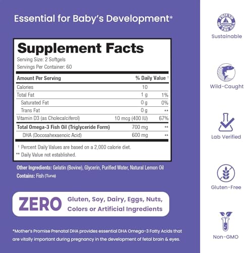 Prenatal DHA for Women 600mg + 400 IU Vitamin D3 | 120 Softgels | Supports Brain Health | Triglyceride Omega 3 Fish Oil DHA Prenatal Vitamins for Pregnancy & Nursing | 300mg per Capsule Mother's Promise Au supplements