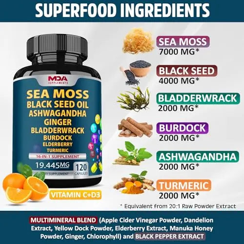 Sea Moss Black Seed Oil Ashwagandha Ginger - Multimineral Sea Moss Capsules MDA Supplements Au supplements