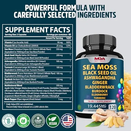 Sea Moss Black Seed Oil Ashwagandha Ginger - Multimineral Sea Moss Capsules MDA Supplements Au supplements