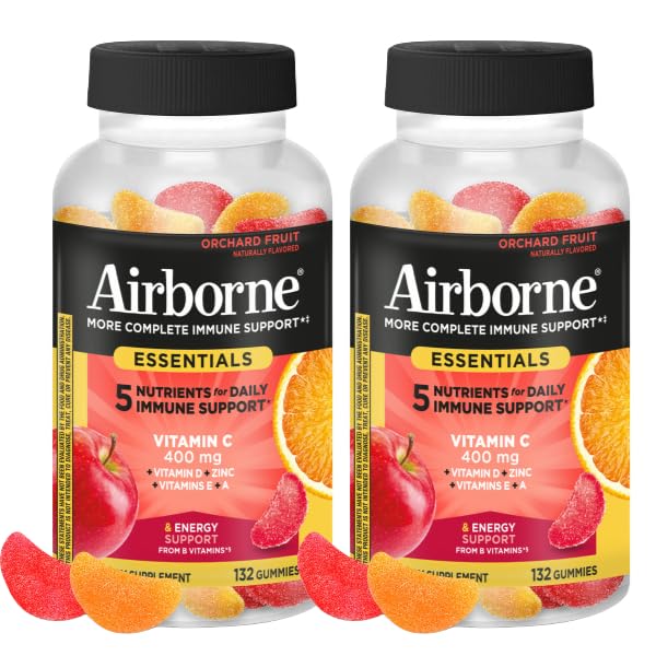 Airborne 400mg Vitamin C Gummies for Adults & Children, Immune Essentials Daily Immune Support Supplement with Vitamins C & E - Orchard Fruit Flavor, 132 Gummies (Pack of 2) Airborne Au supplements