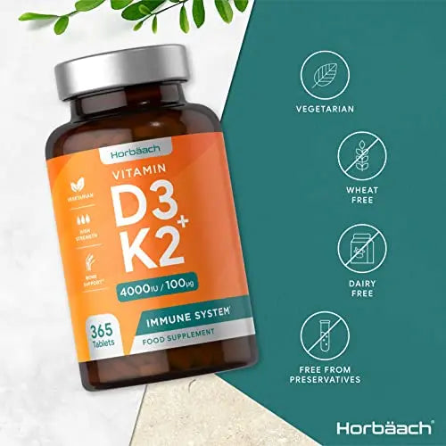 Vitamin D3 K2 High Strength Tablets | 365 Count | Vitamin D3 4000iu and Vitamin K2 MK7 Horbäach Au supplements