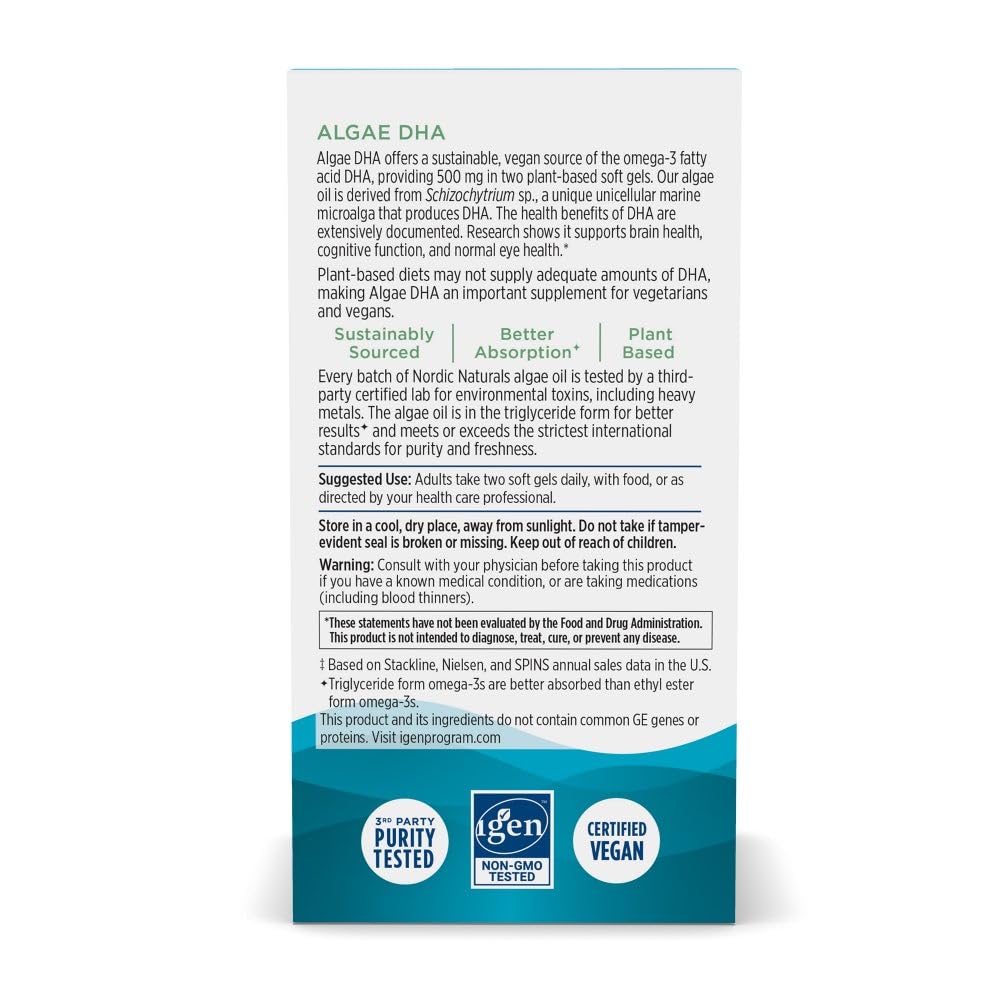 Nordic Naturals Algae DHA - 60 Soft Gels - 500 mg Omega-3 DHA - Certified Vegan Algae Oil - Plant-Based DHA - Brain, Eye & Nervous System Support - Non-GMO - 30 Servings Nordic Naturals Au supplements