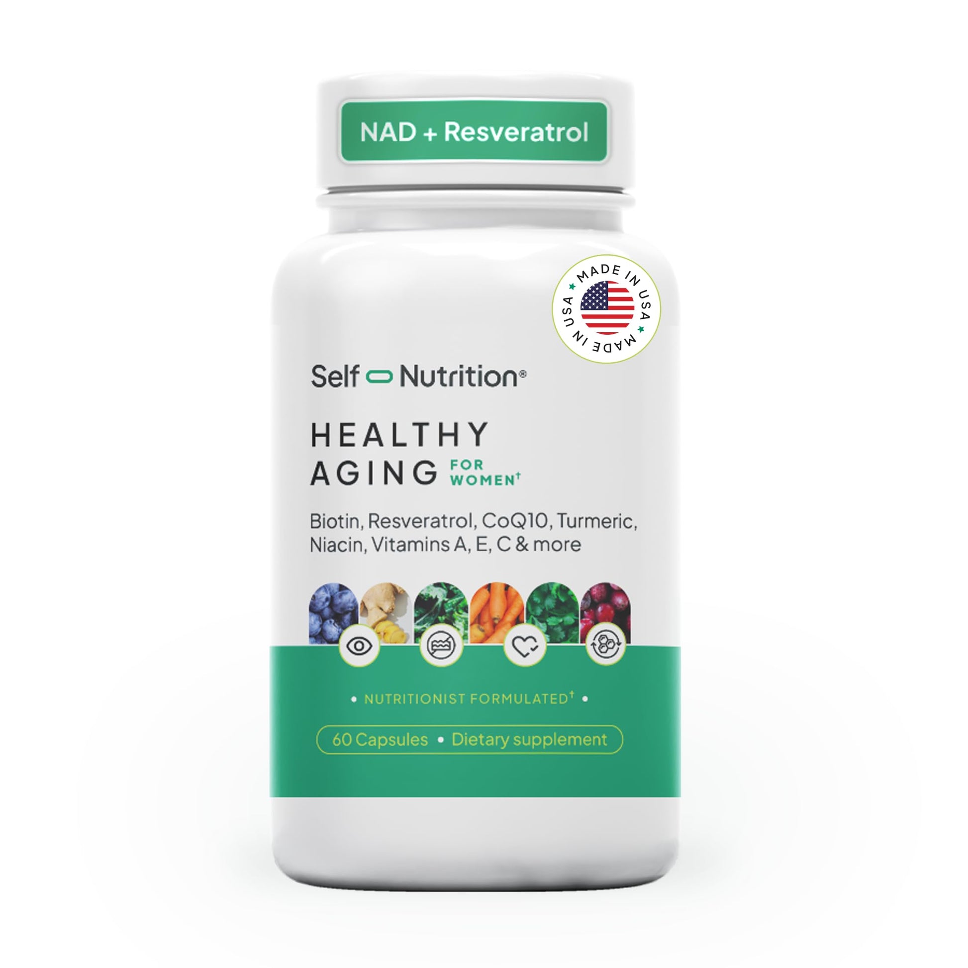 SELF NUTRITION NAD+ Resveratrol Supplement for Women – Healthy Aging Formula with CoQ10, Biotin, Turmeric & Vitamins A, C, E – Supports Energy, Skin & Longevity – 60 Capsules. Made in USA. SELF NUTRITION Au supplements