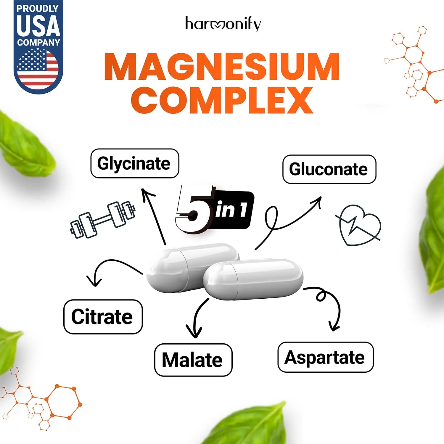 HARMONIFY Magnesium Glycinate Citrate Malate Aspartate Gluconate, 5 in 1 Formula, 120 Purified Veggie Capsule, 1000 mg, Gluten Free, Non-GMO, 60 Days Serving HARMONIFY Au supplements