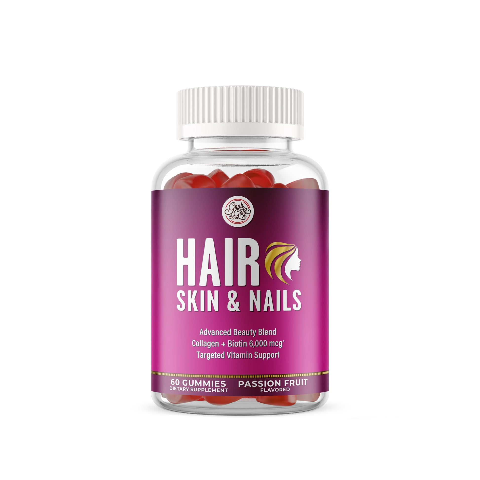 Grab The Gold Hair Skin & Nails Vitamins for Women | Gummies with 6000mcg Biotin & Collagen | 10 Essential Vitamin & Minerals | Gluten-Free, Non-GMO, Passion Fruit Flavor | 1 Month Supply, Made in USA Grab The Gold Au supplements