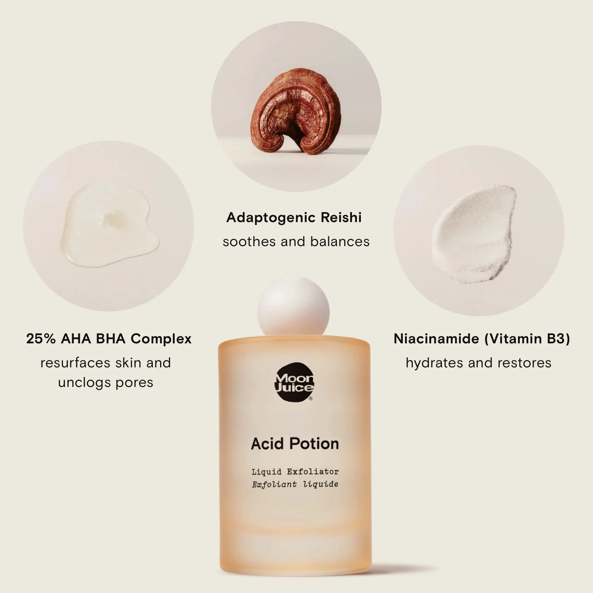 Moon Juice Acid Potion Liquid Face Exfoliator - 25% AHA BHA Exfoliant with Reishi + Niacinamide - Helps Resurface Skin, Unclog Pores, & Stimulate Collagen - Hydrates & Soothes Skin (3.3 Fl oz) Moon Juice Au supplements