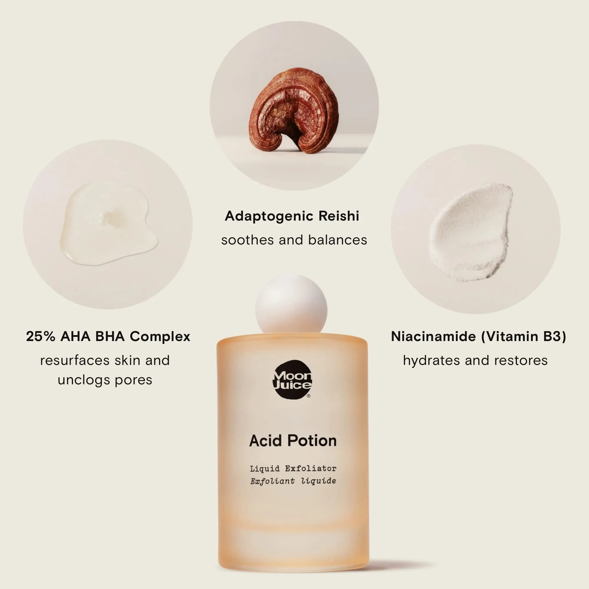 Moon Juice Acid Potion Liquid Face Exfoliator - 25% AHA BHA Exfoliant with Reishi + Niacinamide - Helps Resurface Skin, Unclog Pores, & Stimulate Collagen - Hydrates & Soothes Skin (3.3 Fl oz) Moon Juice Au supplements