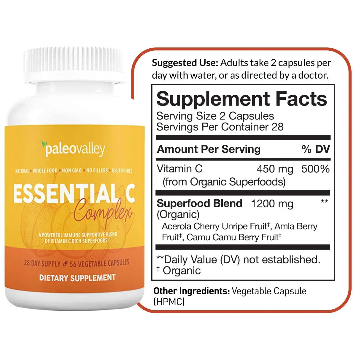 Paleovalley Essential C Complex - Vitamin C Supplement for Immune Support - 1 Pack, 450mg - Organic Superfoods Unripe Acerola Cherry, Camu Camu, Amla Berry Paleovalley Au supplements