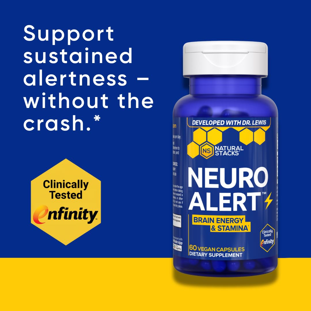 NATURAL STACKS NeuroAlert - 200mg Paraxanthine Energy Supplement - Caffeine Free Focus w/ 500mg L-Tyrosine & 100mg L-Theanine - 10mg NADH for Cellular Energy Support - 60 Paraxanthine Capsules NATURAL STACKS Au supplements