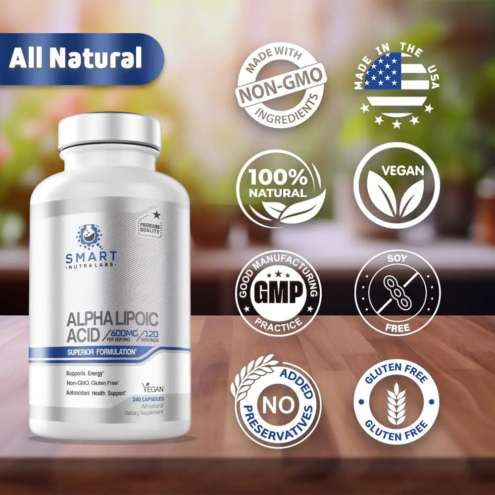 Alpha Lipoic Acid 600mg Per Serving, 240 Vegan Capsules- Gluten Free SMART NUTRA LABS Au supplements