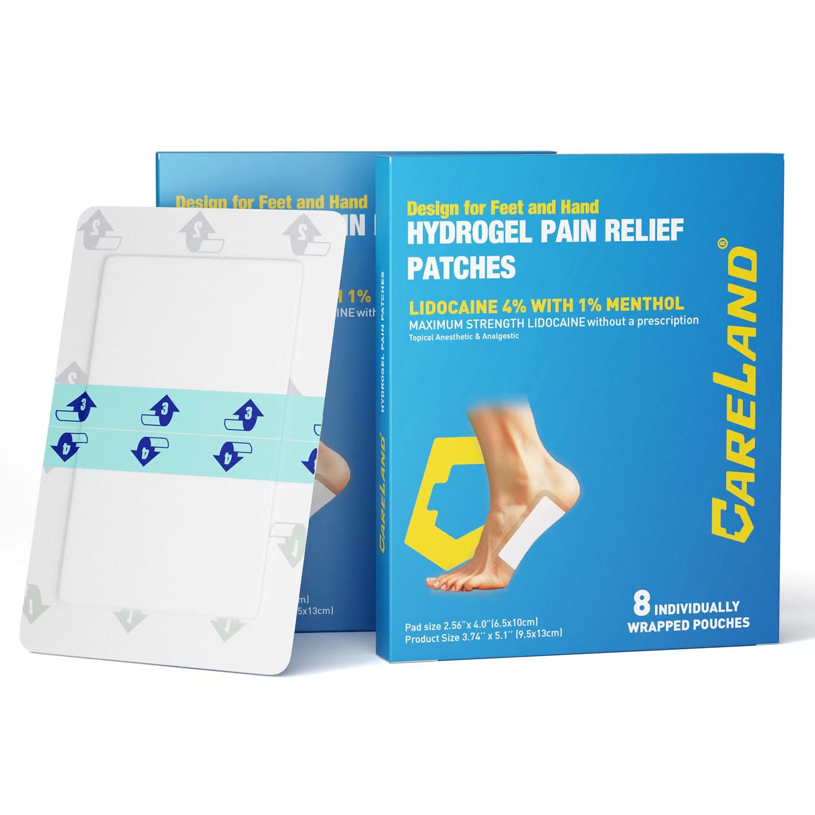 CARELAND Plantar Fasciitis Lidocaine Pain Patches with Hydrogel Technology- Waterproof with Sticky Border, 12 Hour Pain Relief - Contours to Your Foot - 16 Ct CARELAND Au supplements
