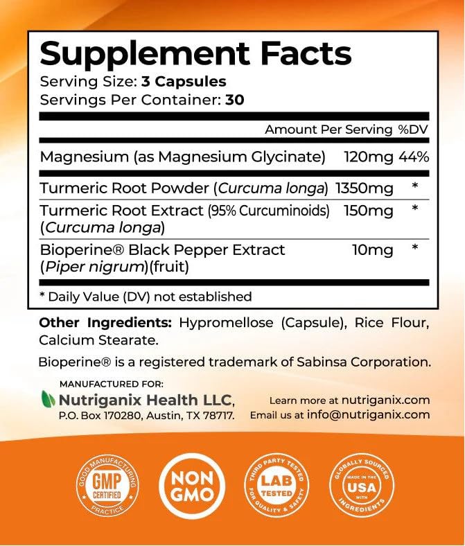 Turmeric Tranquility Turmeric Curcumin & Magnesium Glycinate with BioPerine – Support for Stress Relief, Sleep, Heart Health, Muscles, Metabolism, and Joint Health* - High Absorption - 90 Capsules (1) Nutriganix Au supplements