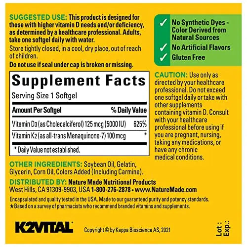 Nature Made Vitamin D3 K2, 5000 IU (125 mcg) Vitamin D, Dietary Supplement for Bone Nature Made Au supplements