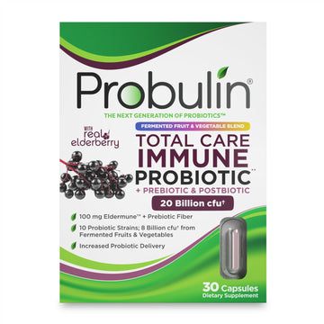 Probulin Total Care Immune = Prebiotics + Probiotics + Postbiotics + Elderberry to Support Immune & Gut Health - 20 Billion CFU - 10 Probiotic Strains, 30 Vegan Capsules Probulin Au supplements