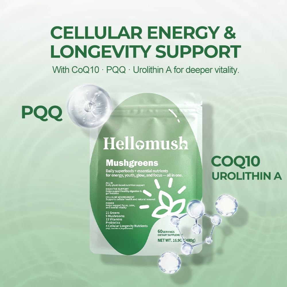 Hellomush Super Greens Powder Superfood, Daily Green Powder Supplement with Probiotics Drink Mix for Men & Women, Blend of Greens, Mushrooms, Vitamins, Probiotics and Cellular Nutrients Hellomush Au supplements