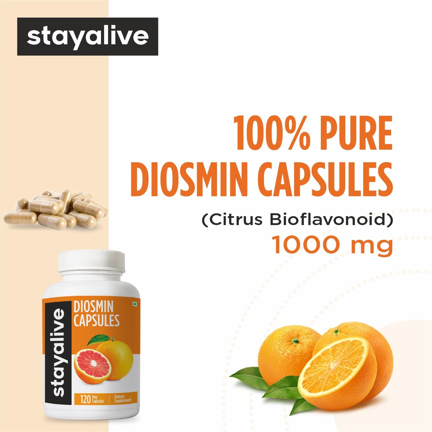 STAY ALIVE Pure Diosmin Complex 1000mg Formula, 120 Capsules, Citrus Bioflavonoids Rich Fruit Extract, 2 Month Supply, 100% Vegetarian, Non-GMO & Gluten Free Diosmin Supplement STAY ALIVE Au supplements