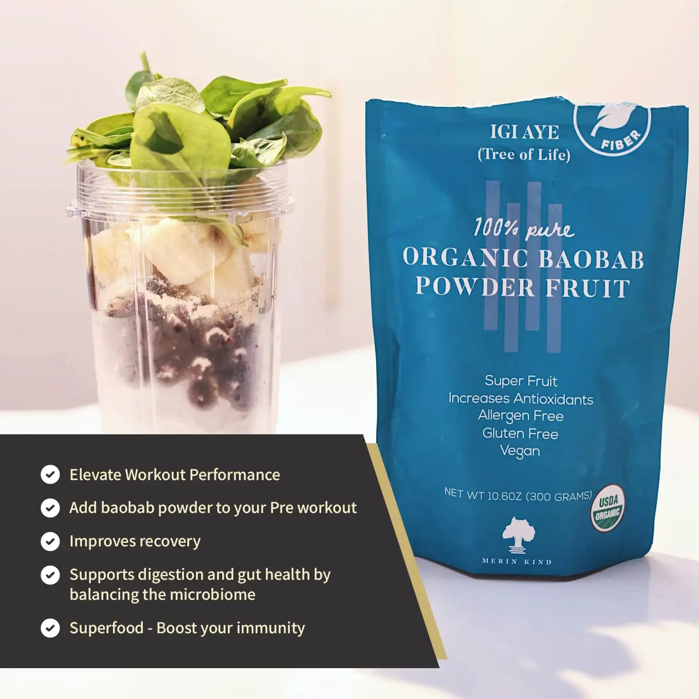 MERIN KIND Organic Baobab Powder - Prebiotic Fiber Supplement MERIN KIND Au supplements